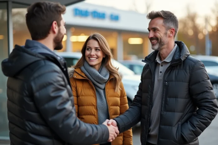 Couple satisfait finalisant l'achat d'une voiture d'occasion chez un vendeur LaCentrale-Eco