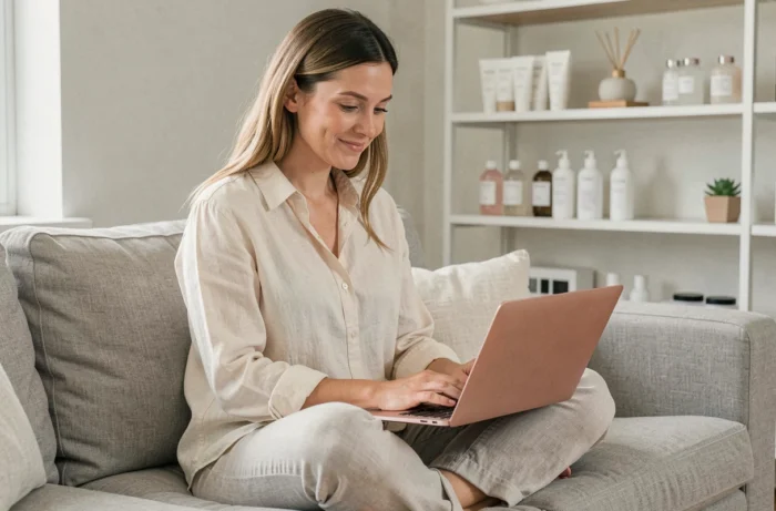 Femme parcourant un site d'achats bien-être et beauté en ligne sur un laptop depuis son salon scandinave