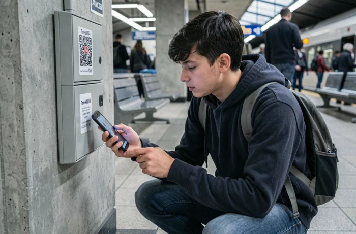 Adolescent en gare scannant un QR code FreeWiFi sur un routeur public pour obtenir ses identifiants de connexion WiFi Free
