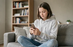 Adolescente assise sur un canapé consultant son smartphone pour choisir un forfait mobile