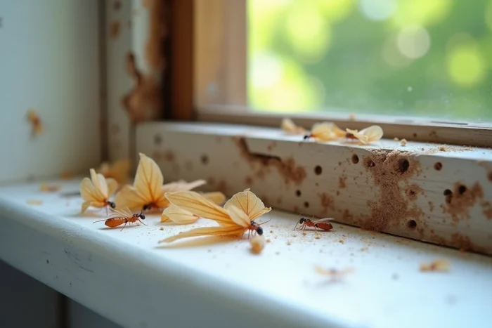 Ailes d'insectes abandonnées et dégâts de bois visibles sur un appui de fenêtre, indices permettant de différencier fourmis volantes et termites dans une maison