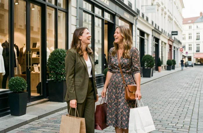 Deux femmes souriantes faisant du shopping dans une rue commerçante chic avec vitrines et pavés européens