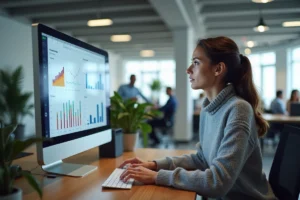Femme analysant des données de comportement web sur un écran d'ordinateur dans un bureau moderne