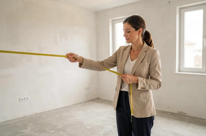 Architecte d'intérieur mesurant la largeur d'une chambre vide avec un mètre ruban pour respecter les dimensions standard