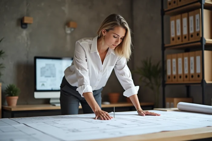 Architecte étudiant des plans de conformité accessibilité PMR dans un bureau de conception professionnelle