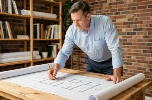 Architecte étudiant des plans de construction sur une table de travail en bois dans un studio professionnel
