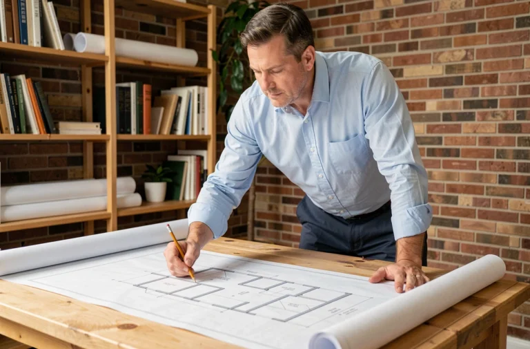 Architecte étudiant des plans de construction sur une table de travail en bois dans un studio professionnel