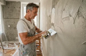 Artisan en train d'enduire un mur lors de travaux de rénovation intérieure dans un appartement parisien