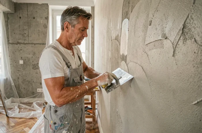 Artisan en train d'enduire un mur lors de travaux de rénovation intérieure dans un appartement parisien