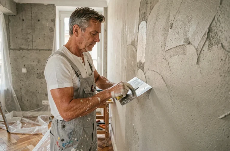 Artisan en train d'enduire un mur lors de travaux de rénovation intérieure dans un appartement parisien