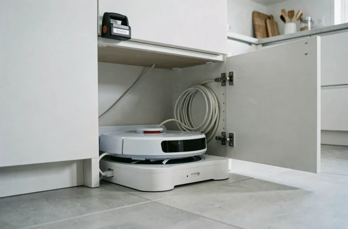 Aspirateur robot dans sa station de recharge rangé dans un bas de placard de cuisine moderne