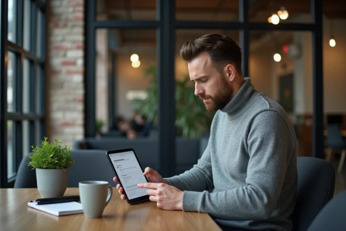 Homme auto-entrepreneur travaillant sur un contrat juridique dans un espace de coworking moderne pour son activité digitale