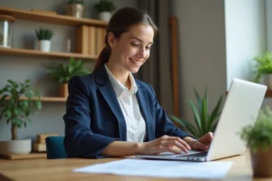 Auto-entrepreneuse consultant des documents juridiques sur son bureau à domicile pour gérer son activité web en règle