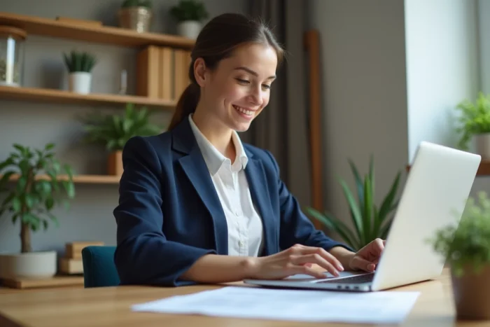 Auto-entrepreneuse consultant des documents juridiques sur son bureau à domicile pour gérer son activité web en règle