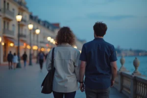Couple se promenant sur le front de mer d'Arcachon au crépuscule avec les façades Belle Époque en arrière-plan