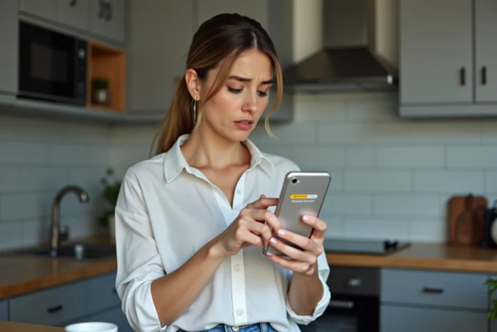 Femme consultant l'application Binance sur smartphone face à un blocage de retrait en euros