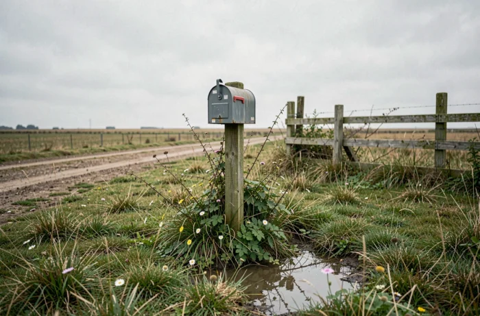 Boîte aux lettres isolée sur un terrain vague non constructible en milieu rural sans habitation