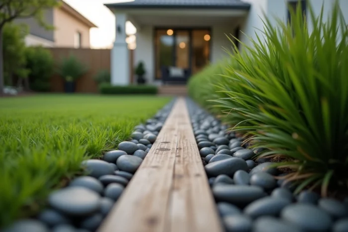 Détail d'une bordure de jardin en bois, galets et herbes ornementales pour délimiter un terrain sans clôture