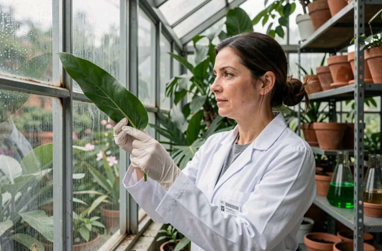 Botaniste en blouse blanche examinant une feuille verte dans une serre pour étudier la photosynthèse et le rôle du CO₂ chez les plantes