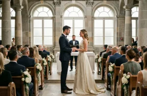 Cérémonie de mariage élégante dans un cadre parisien classique, couple en tenue formelle échangeant leurs vœux à l'autel