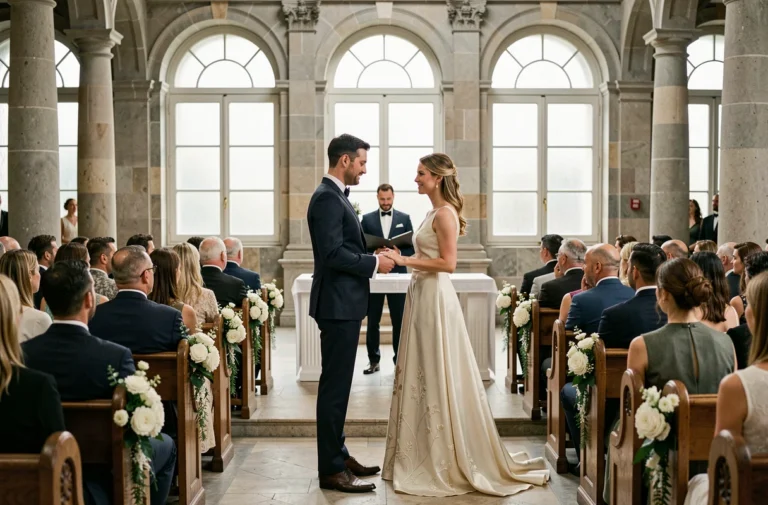 Cérémonie de mariage élégante dans un cadre parisien classique, couple en tenue formelle échangeant leurs vœux à l'autel