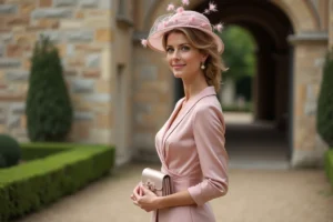 Femme élégante portant un chapeau fascinator à plumes lors d'un mariage dans un château français