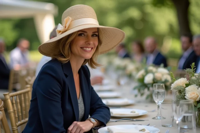 Invitée de mariage portant un chapeau à large bord en paille avec ruban crème, assise à la réception en plein air