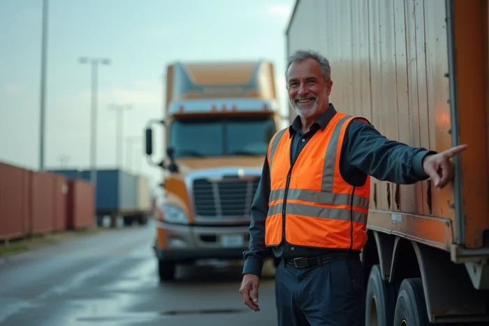 Chauffeur routier expliquant la signification de la lettre D sur son camion dans un terminal logistique