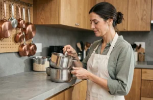 Femme évaluant une casserole en inox dans une cuisine bien équipée avec ustensiles suspendus