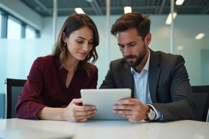 Deux collaborateurs BNP Paribas consultant ensemble le portail RH Alis sur une tablette dans une salle de réunion moderne