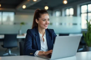 Collaboratrice BNP Paribas consultant le portail RH et paie Alis sur son ordinateur portable dans un bureau moderne
