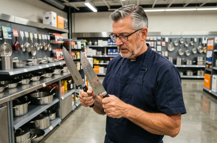 Homme comparant deux couteaux de chef dans un magasin d'équipement de cuisine professionnel