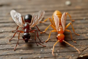 Comparaison macro d'une fourmi ailée et d'un termite posés côte à côte sur du bois vieilli, montrant leurs différences morphologiques distinctes