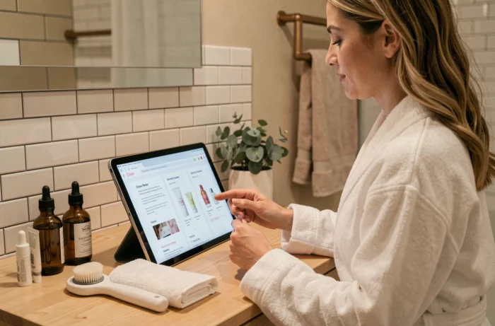 Femme en peignoir comparant des produits de beauté en ligne sur une tablette posée sur une coiffeuse en bois dans une salle de bain