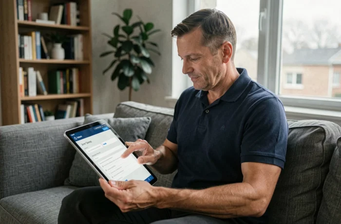 Homme configurant un compte webmail sur tablette dans un salon contemporain