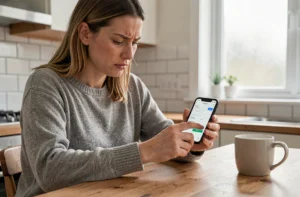 Femme configurant son webmail sur smartphone Android dans une cuisine moderne