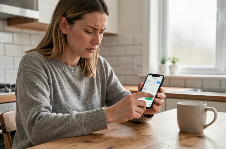 Femme configurant son webmail sur smartphone Android dans une cuisine moderne