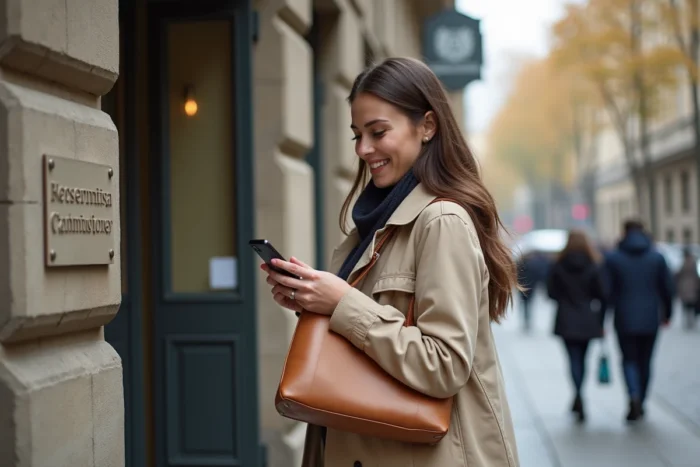 Jeune femme vérifiant la confirmation de son rendez-vous visa belge sur son téléphone devant un consulat