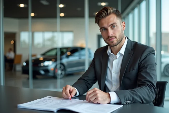 Conseiller commercial en concession VW présentant le tarif et les frais d'achat d'une Golf 8 R neuve