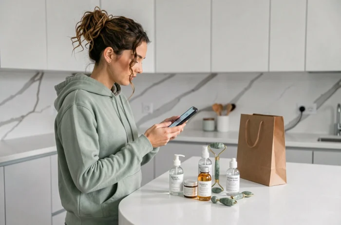 Femme consultant des avis produits beauté en ligne dans une cuisine minimaliste avec des produits de soin posés sur le comptoir