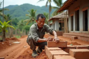 Ouvrier thaïlandais posant des briques sur une maison en construction avec un petit budget en milieu rural
