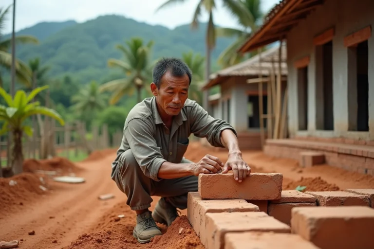 Ouvrier thaïlandais posant des briques sur une maison en construction avec un petit budget en milieu rural