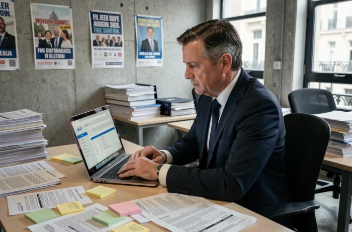 Consultant en communication politique étudiant des documents d'enregistrement de noms de domaine sur un ordinateur portable dans un bureau de campagne parisien