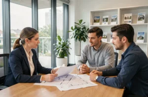 Consultante immobilière présentant des plans de projet sur mesure à un couple dans une agence moderne