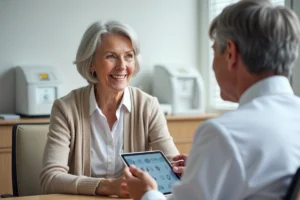 Une femme senior en consultation chez Audika pour connaître le prix des appareils auditifs en 2024