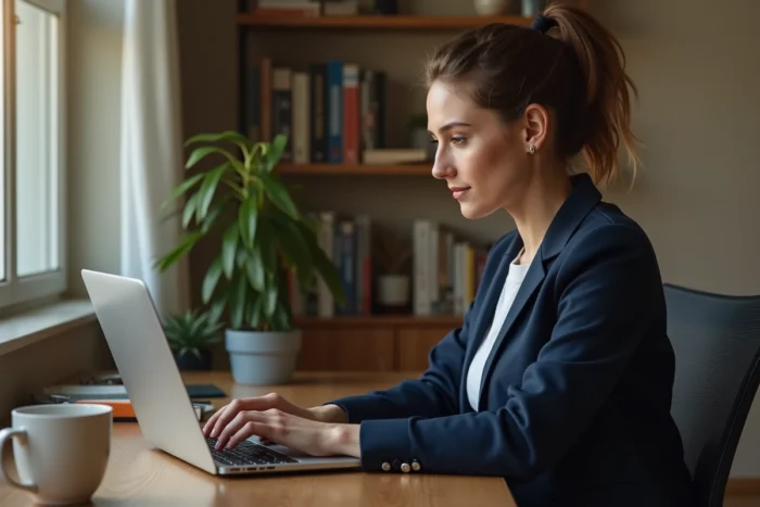 Femme consultant des avis clients sur LaCentrale-Eco depuis un ordinateur portable à domicile