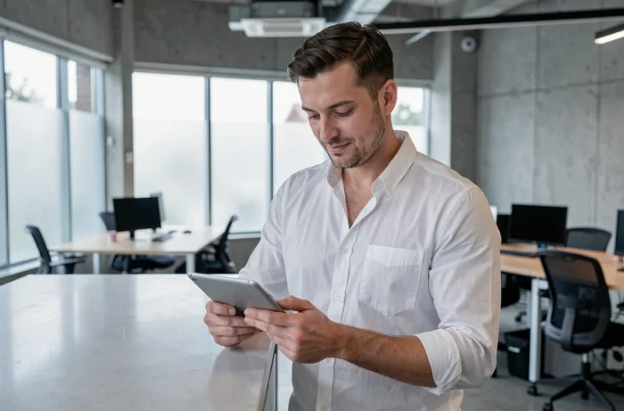 Homme consultant un site web sur une tablette dans un espace de coworking moderne