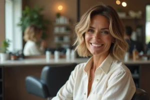 Femme avec une coupe cuenta mulet structurée vue de trois quarts dans un salon de coiffure moderne