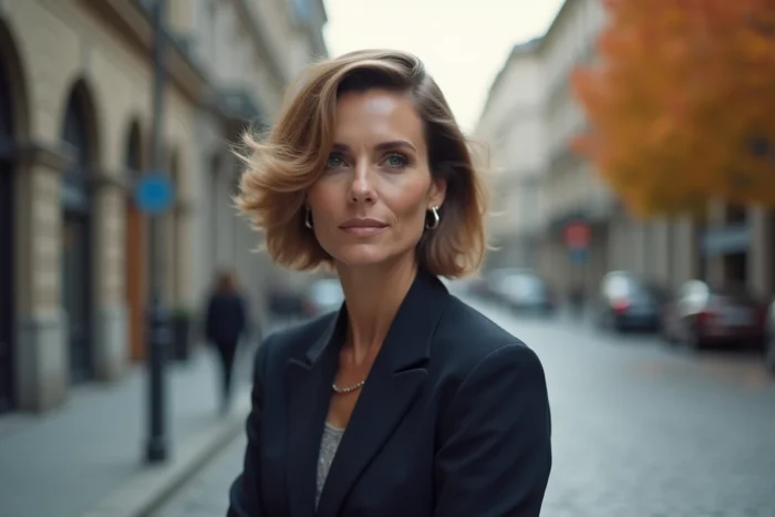 Femme élégante arborant une coupe mulet cuenta ondulée en extérieur dans une rue urbaine en automne