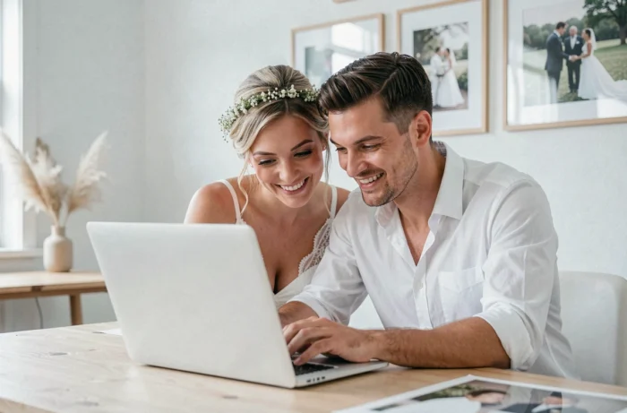 Couple de mariés découvrant leurs photos de mariage lors d'une consultation avec leur photographe dans un studio moderne et épuré